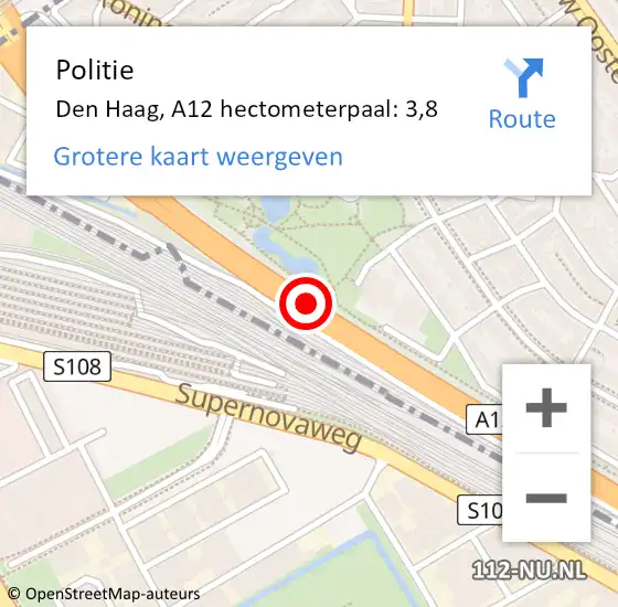 Locatie op kaart van de 112 melding: Politie Den Haag, A12 hectometerpaal: 3,8 op 2 juli 2022 10:10