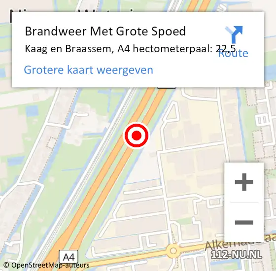 Locatie op kaart van de 112 melding: Brandweer Met Grote Spoed Naar Kaag en Braassem, A4 hectometerpaal: 22,5 op 2 juli 2022 13:21