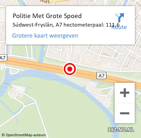 Locatie op kaart van de 112 melding: Politie Met Grote Spoed Naar Súdwest-Fryslân, A7 hectometerpaal: 111,6 op 2 juli 2022 14:47