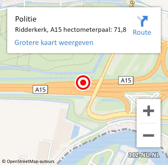 Locatie op kaart van de 112 melding: Politie Ridderkerk, A15 hectometerpaal: 71,8 op 2 juli 2022 16:47