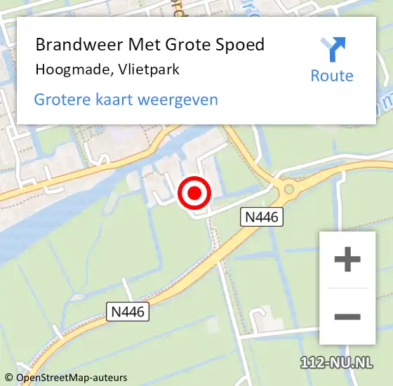 Locatie op kaart van de 112 melding: Brandweer Met Grote Spoed Naar Hoogmade, Vlietpark op 2 juli 2022 18:05