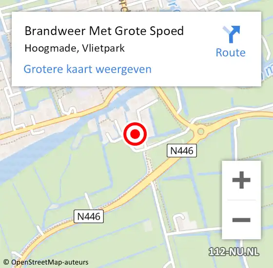 Locatie op kaart van de 112 melding: Brandweer Met Grote Spoed Naar Hoogmade, Vlietpark op 2 juli 2022 18:15