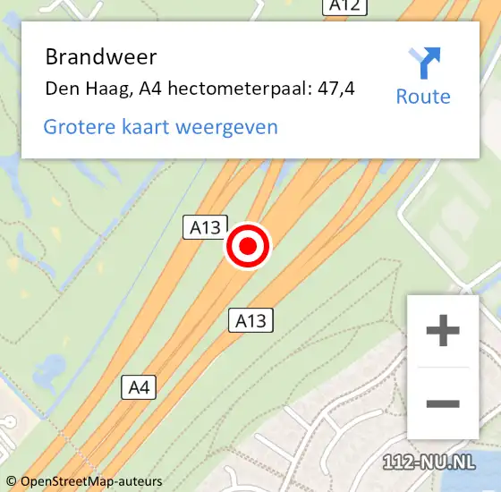 Locatie op kaart van de 112 melding: Brandweer Den Haag, A4 hectometerpaal: 47,4 op 2 juli 2022 19:29