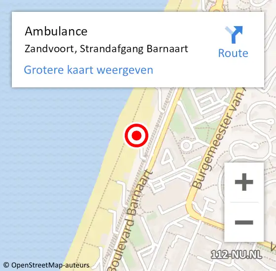 Locatie op kaart van de 112 melding: Ambulance Zandvoort, Strandafgang Barnaart op 2 juli 2022 22:00