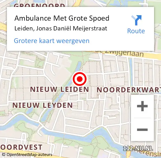 Locatie op kaart van de 112 melding: Ambulance Met Grote Spoed Naar Leiden, Jonas Daniël Meijerstraat op 3 juli 2022 01:50