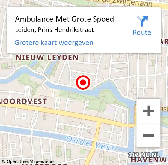 Locatie op kaart van de 112 melding: Ambulance Met Grote Spoed Naar Leiden, Prins Hendrikstraat op 3 juli 2022 02:38