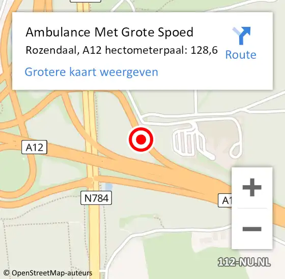 Locatie op kaart van de 112 melding: Ambulance Met Grote Spoed Naar Rozendaal, A12 hectometerpaal: 128,6 op 3 juli 2022 03:18