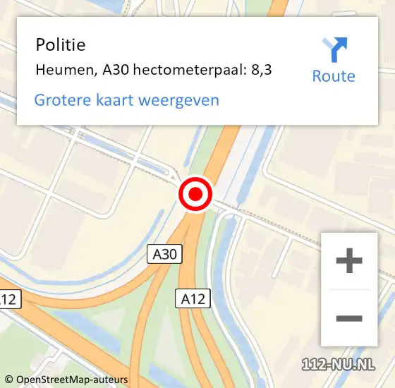 Locatie op kaart van de 112 melding: Politie Heumen, A30 hectometerpaal: 8,3 op 3 juli 2022 03:30