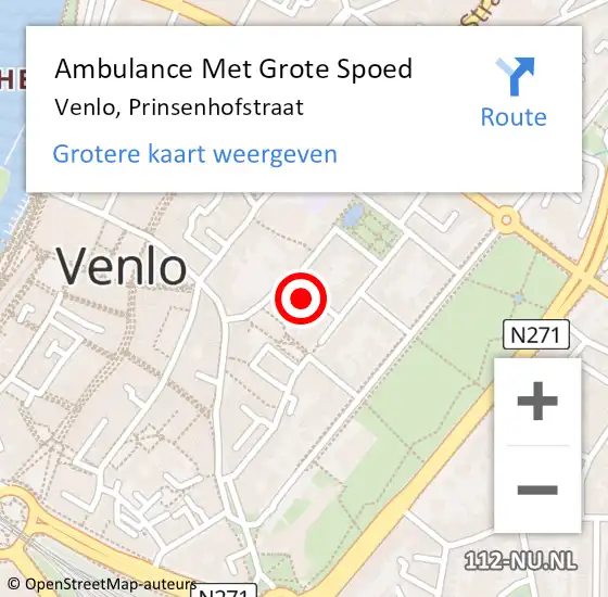 Locatie op kaart van de 112 melding: Ambulance Met Grote Spoed Naar Venlo, Prinsenhofstraat op 3 juli 2022 05:07