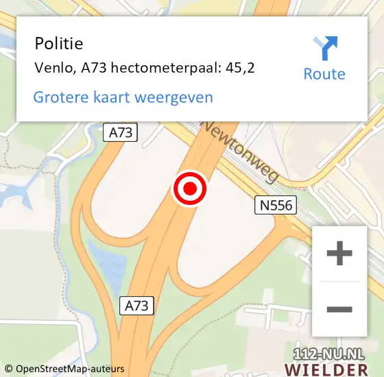 Locatie op kaart van de 112 melding: Politie Venlo, A73 hectometerpaal: 45,2 op 3 juli 2022 07:45