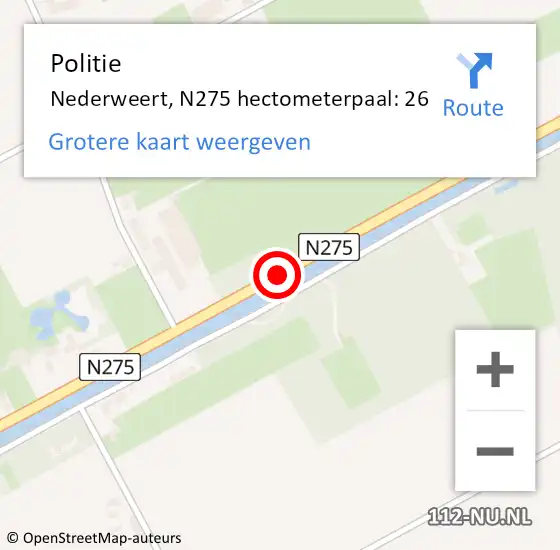 Locatie op kaart van de 112 melding: Politie Nederweert, N275 hectometerpaal: 26 op 3 juli 2022 12:35