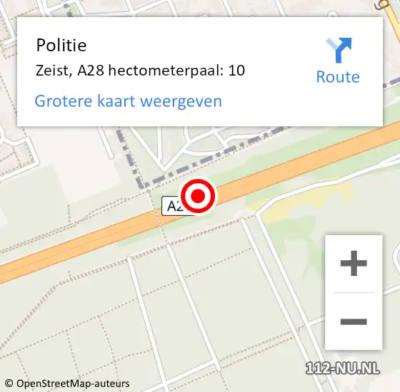 Locatie op kaart van de 112 melding: Politie Zeist, A28 hectometerpaal: 10 op 3 juli 2022 13:59