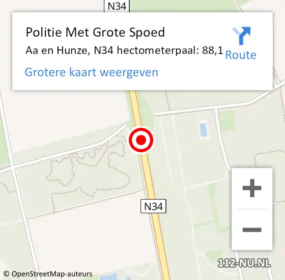 Locatie op kaart van de 112 melding: Politie Met Grote Spoed Naar Aa en Hunze, N34 hectometerpaal: 88,1 op 3 juli 2022 14:37