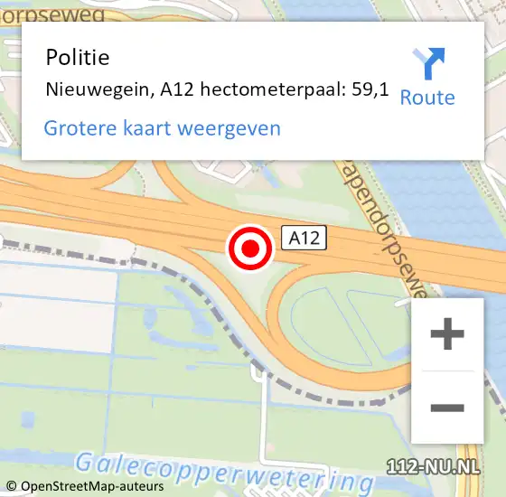 Locatie op kaart van de 112 melding: Politie Nieuwegein, A12 hectometerpaal: 59,1 op 3 juli 2022 14:43