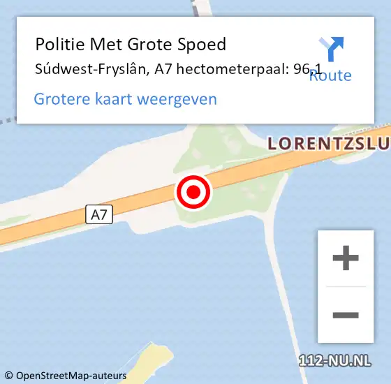 Locatie op kaart van de 112 melding: Politie Met Grote Spoed Naar Súdwest-Fryslân, A7 hectometerpaal: 96,1 op 3 juli 2022 15:37