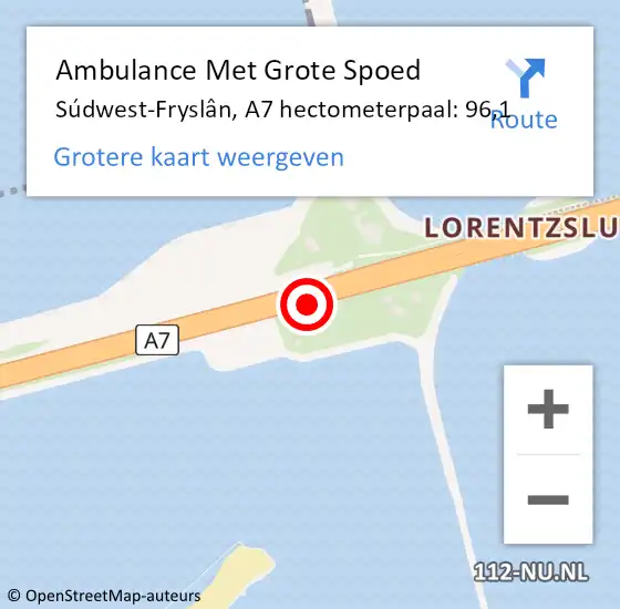 Locatie op kaart van de 112 melding: Ambulance Met Grote Spoed Naar Súdwest-Fryslân, A7 hectometerpaal: 96,1 op 3 juli 2022 15:43