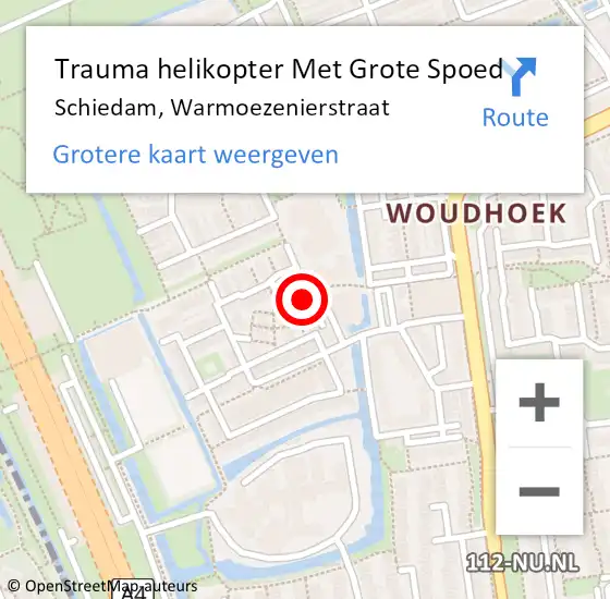 Locatie op kaart van de 112 melding: Trauma helikopter Met Grote Spoed Naar Schiedam, Warmoezenierstraat op 3 juli 2022 17:13