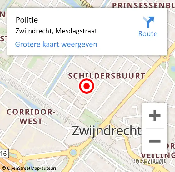 Locatie op kaart van de 112 melding: Politie Zwijndrecht, Mesdagstraat op 3 juli 2022 17:33