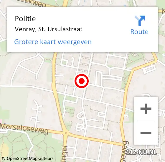 Locatie op kaart van de 112 melding: Politie Venray, St. Ursulastraat op 3 juli 2022 20:13