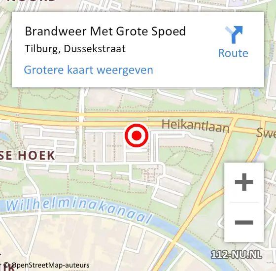 Locatie op kaart van de 112 melding: Brandweer Met Grote Spoed Naar Tilburg, Dussekstraat op 3 juli 2022 20:24