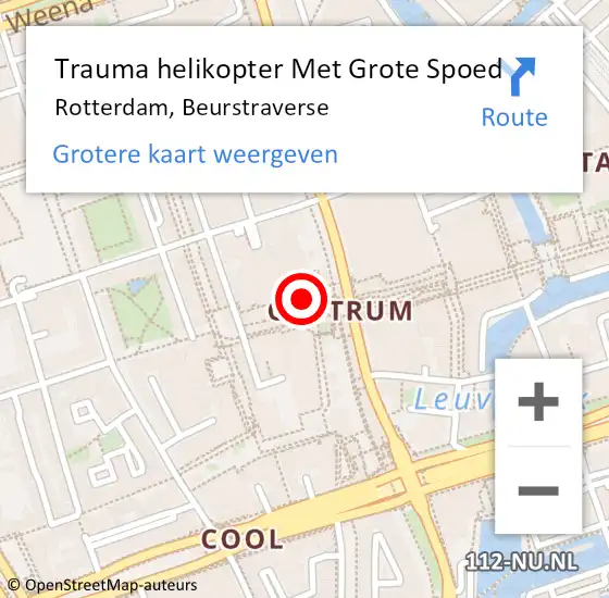 Locatie op kaart van de 112 melding: Trauma helikopter Met Grote Spoed Naar Rotterdam, Beurstraverse op 3 juli 2022 20:31