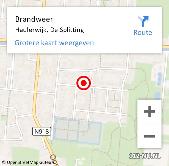 Locatie op kaart van de 112 melding: Brandweer Haulerwijk, De Splitting op 3 juli 2022 21:48