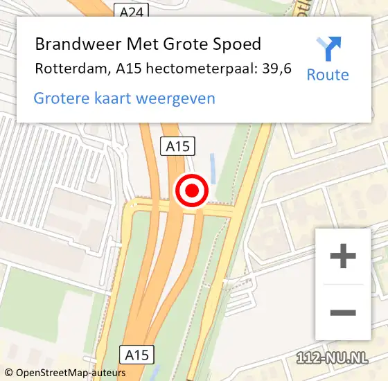 Locatie op kaart van de 112 melding: Brandweer Met Grote Spoed Naar Rotterdam, A15 hectometerpaal: 39,6 op 3 juli 2022 23:18