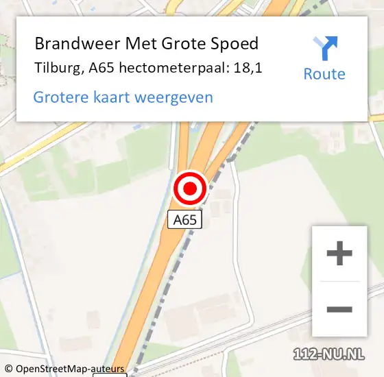 Locatie op kaart van de 112 melding: Brandweer Met Grote Spoed Naar Tilburg, A65 hectometerpaal: 18,1 op 4 juli 2022 02:56