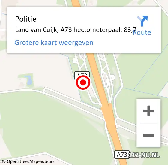 Locatie op kaart van de 112 melding: Politie Land van Cuijk, A73 hectometerpaal: 83,7 op 4 juli 2022 07:00