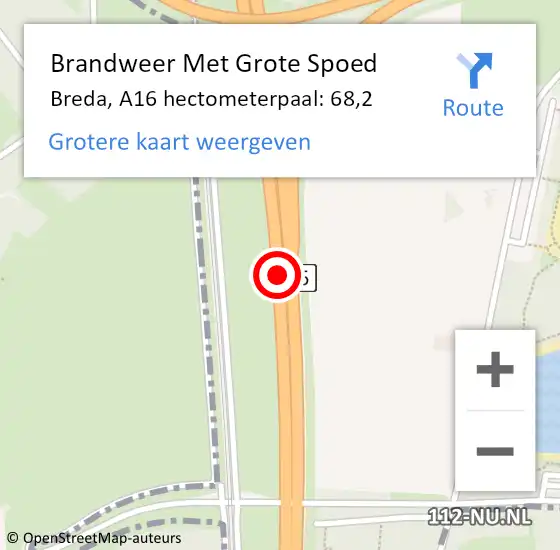 Locatie op kaart van de 112 melding: Brandweer Met Grote Spoed Naar Breda, A16 hectometerpaal: 68,2 op 4 juli 2022 07:09