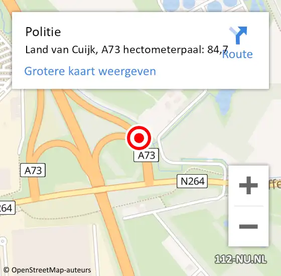 Locatie op kaart van de 112 melding: Politie Land van Cuijk, A73 hectometerpaal: 84,7 op 4 juli 2022 07:25