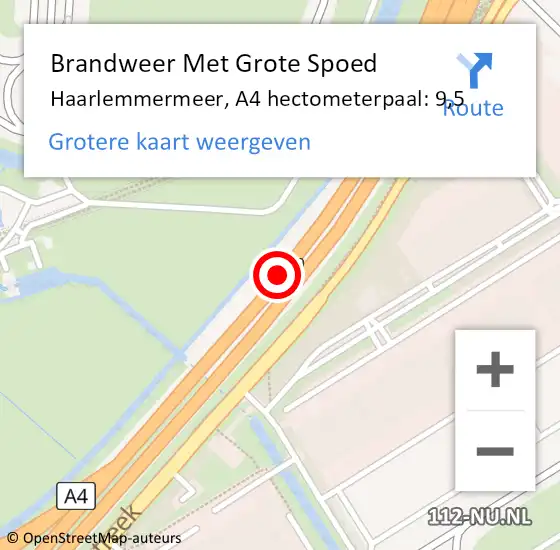 Locatie op kaart van de 112 melding: Brandweer Met Grote Spoed Naar Haarlemmermeer, A4 hectometerpaal: 9,5 op 4 juli 2022 07:35