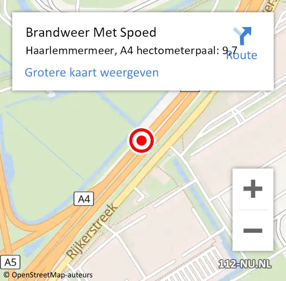 Locatie op kaart van de 112 melding: Brandweer Met Spoed Naar Haarlemmermeer, A4 hectometerpaal: 9,7 op 4 juli 2022 07:54