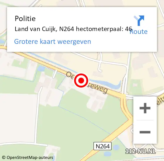 Locatie op kaart van de 112 melding: Politie Land van Cuijk, N264 hectometerpaal: 46 op 4 juli 2022 08:46