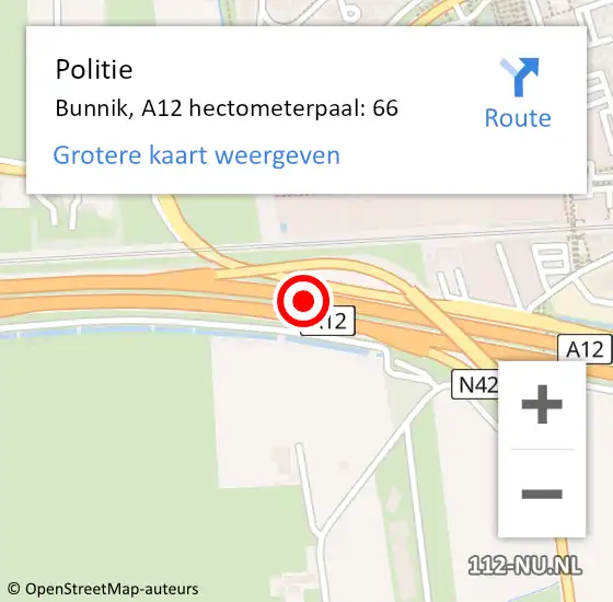Locatie op kaart van de 112 melding: Politie Bunnik, A12 hectometerpaal: 66 op 4 juli 2022 09:03