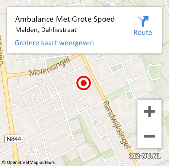 Locatie op kaart van de 112 melding: Ambulance Met Grote Spoed Naar Malden, Dahliastraat op 4 juli 2022 09:04