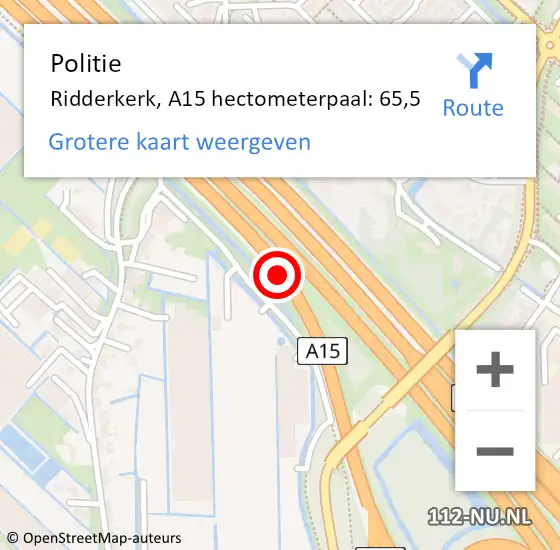 Locatie op kaart van de 112 melding: Politie Ridderkerk, A15 hectometerpaal: 65,5 op 4 juli 2022 10:35