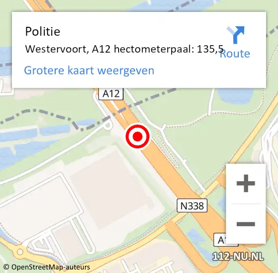 Locatie op kaart van de 112 melding: Politie Westervoort, A12 hectometerpaal: 135,5 op 4 juli 2022 11:35