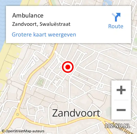 Locatie op kaart van de 112 melding: Ambulance Zandvoort, Swaluëstraat op 4 juli 2022 12:14