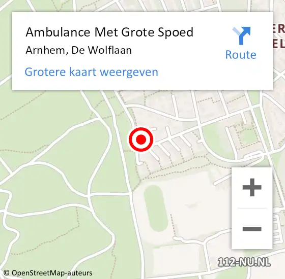 Locatie op kaart van de 112 melding: Ambulance Met Grote Spoed Naar Arnhem, De Wolflaan op 4 juli 2022 12:16