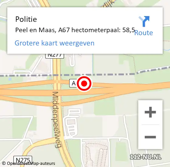 Locatie op kaart van de 112 melding: Politie Peel en Maas, A67 hectometerpaal: 58,5 op 4 juli 2022 14:02