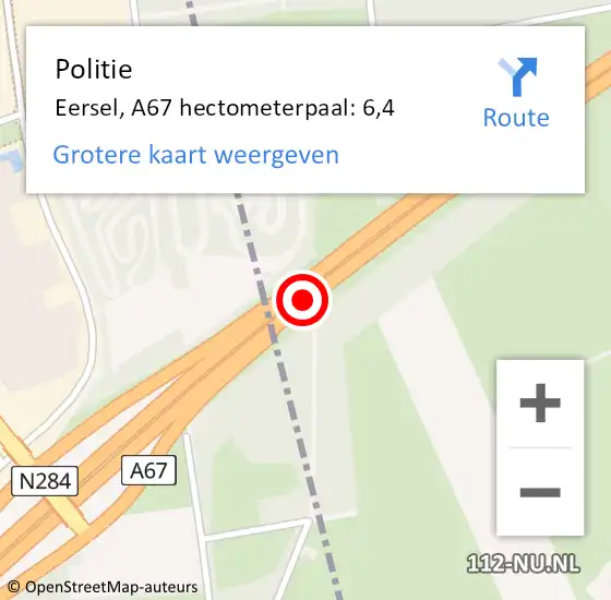 Locatie op kaart van de 112 melding: Politie Eersel, A67 hectometerpaal: 6,4 op 4 juli 2022 14:18