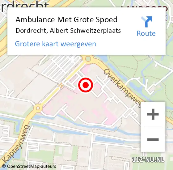Locatie op kaart van de 112 melding: Ambulance Met Grote Spoed Naar Dordrecht, Albert Schweitzerplaats op 4 juli 2022 15:05