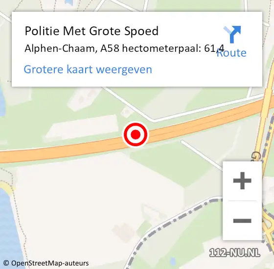 Locatie op kaart van de 112 melding: Politie Met Grote Spoed Naar Alphen-Chaam, A58 hectometerpaal: 61,4 op 4 juli 2022 16:30