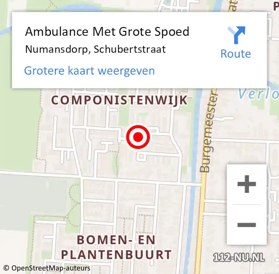 Locatie op kaart van de 112 melding: Ambulance Met Grote Spoed Naar Numansdorp, Schubertstraat op 5 juli 2022 02:51