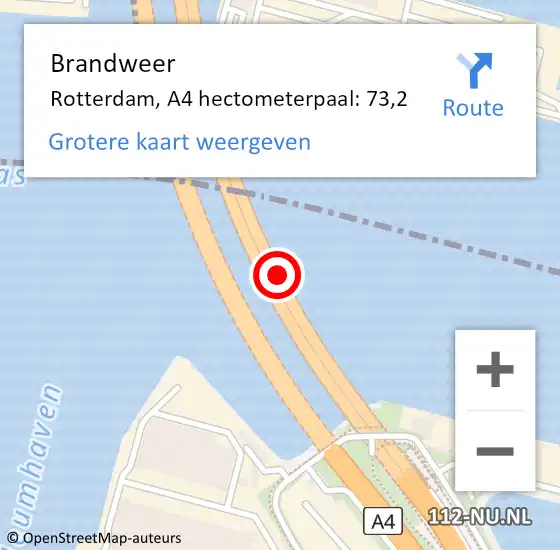 Locatie op kaart van de 112 melding: Brandweer Rotterdam, A4 hectometerpaal: 73,2 op 5 juli 2022 06:59