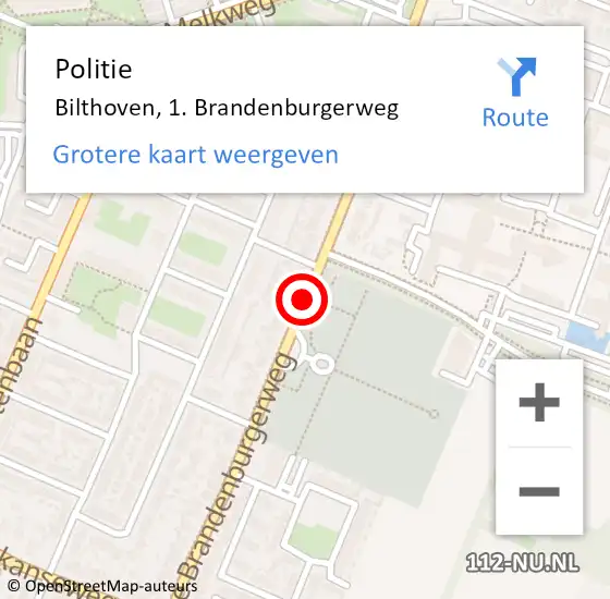 Locatie op kaart van de 112 melding: Politie Bilthoven, 1. Brandenburgerweg op 22 juli 2014 10:27