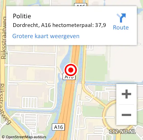Locatie op kaart van de 112 melding: Politie Dordrecht, A16 hectometerpaal: 37,9 op 5 juli 2022 08:16