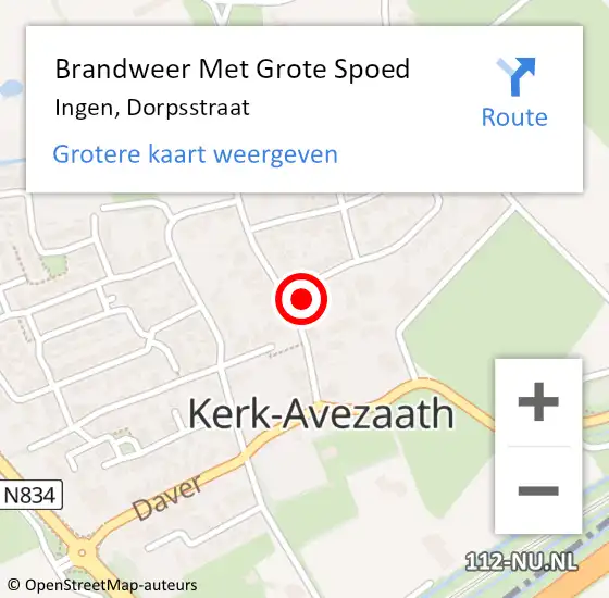 Locatie op kaart van de 112 melding: Brandweer Met Grote Spoed Naar Ingen, Dorpsstraat op 5 juli 2022 12:15