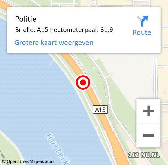 Locatie op kaart van de 112 melding: Politie Brielle, A15 hectometerpaal: 31,9 op 5 juli 2022 12:50